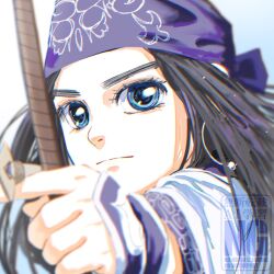  1girl aiming asirpa black_hair blue_eyes bow_(weapon) closed_mouth earrings eyelashes golden_kamuy headband highres holding holding_bow_(weapon) holding_weapon hoop_earrings jewelry long_hair looking_at_viewer murata_miku purple_headband simple_background solo upper_body watermark weapon 