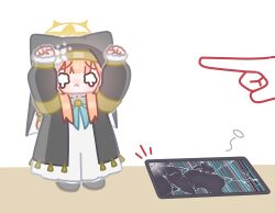  animal_ears arms_up blue_archive blunt_bangs broken_screen cat_ears coif crying crying_with_eyes_open doodle_sensei_(blue_archive) flower halo highres horuhara mari_(blue_archive) nun_headdress orange_hair punishment sensei_(blue_archive) simple_background smol_mari_(blue_archive)_(horuhara) standing tablet_pc tears 