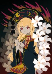  1girl absurdres belt black_background black_dress black_hat blonde_hair bow bowtie brown_background brown_belt chinese_clothes closed_mouth commentary_request crescent dalachi_(headdress) dress flower gradient_background grey_flower hands_up hat highres junko_(touhou) long_hair long_sleeves looking_at_viewer neruzou pom_pom_(clothes) red_eyes red_vest sitting smile solo tabard touhou vest white_flower wide_sleeves yellow_bow yellow_bowtie 