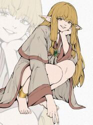  1girl anklet barefoot blonde_hair earrings elf full_body gold_anklet gold_earrings grey_background grey_robe hair_between_eyes hair_tubes head_on_hand highres jewelry long_hair looking_at_viewer parted_lips pointy_ears robe serie_(sousou_no_frieren) sidelocks smile solo sousou_no_frieren squatting thedollofbruce yellow_eyes 