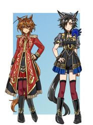  2girls absurdres agnes_tachyon_(umamusume) ahoge air_shakur_(umamusume) animal_ears black_boots black_dress black_hair black_nails blue_background boots bow bowtie brooch brown_hair closed_mouth coat commentary_request dress epaulettes expressionless eyebrow_piercing eyes_visible_through_hair face_piercing fingernails full_body hair_between_eyes hair_over_one_eye hand_on_own_hip highres horse_ears horse_girl horse_tail jewelry long_bangs long_hair long_sleeves looking_at_viewer multiple_girls piercing red_bow red_bowtie red_coat red_eyes red_skirt red_thighhighs short_hair skirt sleeping_342 smile standing tail thigh-highs two-tone_background umamusume white_background yellow_eyes 