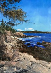  blue_sky clouds commentary commission day english_commentary highres kate_avery maine no_humans ocean oil_painting_(medium) original outdoors painting_(medium) scenery shore sky traditional_media tree 