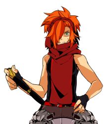  1boy armor bandana belt black_gloves commentary_request constricted_pupils fingerless_gloves fingernails gloves green_eyes hand_on_own_hip haruyasai_(sanbunno) holding holding_sword holding_weapon male_focus orange_hair red_bandana red_belt sekaiju_no_meikyuu sekaiju_no_meikyuu_3 shaded_face short_hair simple_background sleeveless small_sweatdrop solo sword teeth upper_body v-shaped_eyebrows warrior_(sekaiju) warrior_3_(sekaiju) weapon white_background 