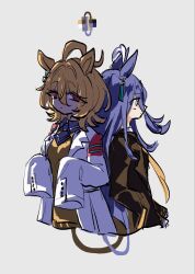  2girls agnes_tachyon_(tach-nology)_(umamusume) agnes_tachyon_(umamusume) ahoge animal_ears black_coat black_hair black_necktie blonde_hair closed_mouth coat ear_tag earrings hair_between_eyes highres horse_ears horse_girl jewelry lab_coat long_hair long_hair_between_eyes long_sleeves manhattan_cafe_(creeping_shadow)_(umamusume) manhattan_cafe_(umamusume) multicolored_hair multiple_girls necktie pepparx2 red_eyes shirt short_necktie single_earring sleeves_past_fingers sleeves_past_wrists sweater umamusume white_coat white_hair wolf_cut yellow_eyes yellow_necktie yellow_sweater 