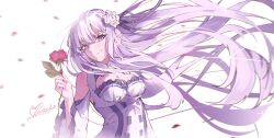  1girl absurdres braid crown_braid elf emilia_(re:zero) flower gem green_gem hair_flower hair_ornament hair_ribbon highres kevin3rd pointy_ears purple_ribbon re:zero_kara_hajimeru_isekai_seikatsu ribbon rose solo violet_eyes white_flower white_hair white_rose 