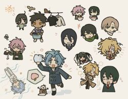  +++ 1girl 6+boys :d :o annoyed black_eyes black_hair blonde_hair blue_eyes blue_hair blush_stickers brother_and_sister brown_hair chibi chibi_only closed_eyes coat collage collared_shirt commentary_request dark-skinned_male dark_skin eating empty_wallet food fruit fur-trimmed_coat fur_trim green_coat green_eyes green_scarf grey_sweater grin hands_on_own_chest happy_aura heterochromia highres holding holding_snowball interlocked_fingers jumping kikuchi_midori kikuchi_ryou laundry_basket laundry_pole looking_at_another maid mamiya_yumehisa mina_(mamiya) mole mole_under_eye morichika_haruki multicolored_hair multiple_boys multiple_views natsume_souichirou nazo_smile necktie nidome noodles notice_lines orange_eyes pajamas peach pink_hair purple_necktie purple_sweater ramen red_necktie samejima_satoru scarf school_uniform sekai_metsubou_kyouyuu_gensou_mamiya shirt short_hair siblings sleeping smile snowball snowman speech_bubble spoken_sweatdrop standing standing_on_one_leg star_(symbol) sun suou_keito sweatdrop sweater thought_bubble toujou_minato trench_coat turn_pale two-tone_hair v-neck violet_eyes white_background white_scarf white_shirt winter_clothes winter_coat 