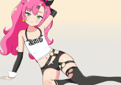  1girl absurdres arm_behind_head arm_support arm_up armpits asymmetrical_legwear bare_shoulders black_ribbon black_shorts black_socks black_thighhighs blush breasts child closed_mouth collarbone crop_top detached_sleeves earrings flat_chest gradient_background green_eyes grey_background hair_ornament hair_ribbon hairclip head_tilt heart heart_earrings highres jewelry kneehighs leaning_to_the_side loli long_hair long_sleeves looking_at_viewer micro_shorts midriff midriff_peek mihoyo mismatched_legwear mole mole_under_eye navel nicole_demara no_shoes o-ring panties pink_hair redpmb ribbon shirt short_shorts shorts simple_background single_kneehigh single_sock single_thighhigh sitting small_breasts socks solo solo_focus strapless thigh-highs thighs torn_clothes torn_thighhighs tube_top two_side_up underwear uneven_legwear very_long_hair white_panties zenless_zone_zero 
