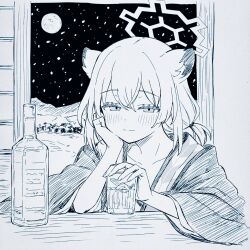  1girl alcohol animal_ears bath_yukata blue_archive blue_theme blush commentary cup drinking_glass elbow_rest english_commentary full_moon glass_bottle halo haori head_on_hand head_rest highres japanese_clothes kimono light_smile looking_at_viewer monochrome moon night official_alternate_costume shigure_(blue_archive) shigure_(hot_spring)_(blue_archive) short_hair sky solo star_(sky) starry_sky suttanipata violet_eyes weasel_ears weasel_girl window yagasuri yukata 