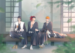  1girl 3boys abarai_renji absurdres architecture black_hair black_hakama black_headband bleach bridal_gauntlets brown_sandals chest_tattoo commentary drink_carton drinking_straw east_asian_architecture english_commentary hair_between_eyes hakama headband highres holding holding_drink_carton holding_drinking_straw holding_juice_box indian_style japanese_clothes juice_box kuchiki_byakuya kuchiki_rukia kurosaki_ichigo lap_pillow lying melonzkurvz multiple_boys on_side orange_eyes ponytail red_hair sandals shihakusho sitting smile socks tattoo unworn_sandals white_bridal_gauntlets white_socks 