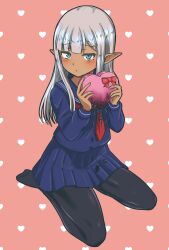  1girl absurdres black_pantyhose blue_eyes blue_sailor_collar blue_shirt blue_skirt blunt_bangs blush candy chocolate closed_mouth dark_elf elf food full_body grey_hair hair_ornament hairclip heart heart-shaped_chocolate heart-shaped_food heart_background highres holding holding_chocolate holding_food karla_(kono_healer_mendokusai) kono_healer_mendokusai long_hair looking_at_viewer miniskirt necktie no_shoes official_art pantyhose pink_background pleated_skirt pointy_ears red_necktie sailor_collar shirt sitting skirt solo tannen_ni_hakkou wariza 