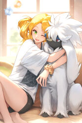  1girl :d ;d absurdres barefoot blonde_hair commentary_request eyelashes furfrou green_eyes happy highres hug indoors long_hair one_eye_closed open_mouth original pokemon pokemon_(creature) print_shirt scrunchie shine_cheese shirt short_sleeves shorts smile t-shirt white_shirt wrist_scrunchie 