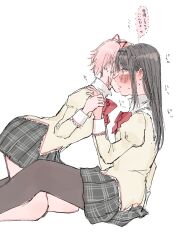  2girls akemi_homura black_hair black_hairband black_pantyhose black_skirt blush bow bowtie commentary hair_ribbon hairband highres holding_hands ienekkkkko kaname_madoka long_hair mahou_shoujo_madoka_magica mahou_shoujo_madoka_magica_(anime) multiple_girls pantyhose pink_hair pink_ribbon plaid_clothes plaid_skirt pleated_skirt red_bow red_bowtie ribbon shirt simple_background skirt speech_bubble sweat translation_request twintails white_background yellow_shirt yuri 