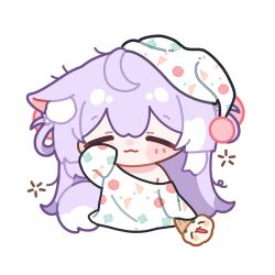  1girl :3 absurdres animal_ear_fluff animal_ears blush_stickers chibi chibi_only closed_eyes closed_mouth commentary_request como_szsz cropped_torso double-parted_bangs fox_ears fox_girl fox_tail hair_between_eyes hat highres korean_commentary long_hair long_sleeves messy_hair nightcap purple_hair rubbing_eyes shirt simple_background single_bare_shoulder single_off_shoulder sleeves_past_fingers sleeves_past_wrists smile solo stellive tail tenko_shibuki virtual_youtuber white_background white_hat white_shirt 