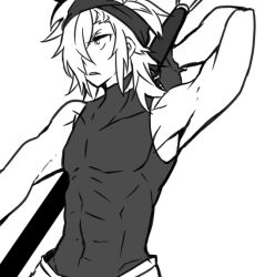  1boy abs armpits bandana commentary_request covered_abs covered_collarbone covered_pectorals greyscale haruyasai_(sanbunno) holding holding_behind_back holding_weapon_behind_back looking_ahead male_focus monochrome pectorals sekaiju_no_meikyuu sekaiju_no_meikyuu_3 simple_background sleeveless solo toned toned_male upper_body v-shaped_eyebrows warrior_(sekaiju) warrior_3_(sekaiju) white_background 