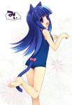  barefoot blue_hair cat_ears cat_pose feet furude_rika fuyuichi higurashi_no_naku_koro_ni hime_cut long_hair looking_back one-piece_swimsuit paw_pose purple_eyes ribbon school_swimsuit solo standing swimsuit tail translated violet_eyes 