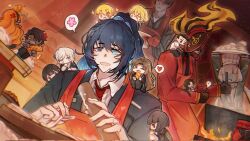  1other 6+boys 6+girls apron arms_up black_hair blonde_hair brown_hair bug charon_(project_moon) coat cockroach commentary_request cooking dante_(limbus_company) don_quixote_(project_moon) dress dumpling faust_(project_moon) fire food gregor's_cockroach_(project_moon) gregor_(project_moon) grey_dress grey_hair heathcliff_(project_moon) highres holding holding_plate hong_lu_(project_moon) indoors ishmael_(project_moon) jar kitchen limbus_company long_hair meursault_(project_moon) mini_person mini_person_on_head mini_person_on_shoulder miniboy minigirl mittens momoatls multiple_boys multiple_girls necktie orange_hair outis_(project_moon) plate project_moon red_apron red_coat red_necktie rodion_(project_moon) ryoshu_(project_moon) sinclair_(project_moon) sparkle vergilius_(project_moon) very_long_hair yellow_eyes yi_sang_(project_moon) 