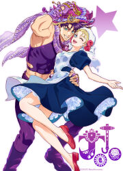  1boy 1girl apron battle_tendency blonde_hair blue_eyes commentary_request fingerless_gloves gloves green_eyes hat highres jojo_no_kimyou_na_bouken joseph_joestar joseph_joestar_(young) muscular muscular_male one_eye_closed open_mouth polka_dot polka_dot_apron smile star_(symbol) suzi_q touyama_maki 