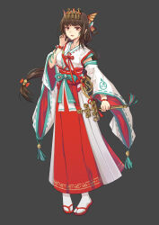  1girl absurdres bell black_background black_hair blunt_bangs bow brown_eyes chinese_clothes chinese_commentary commentary detached_sleeves earrings facial_mark fingers_to_cheek fins full_body hair_bow hakama hakama_skirt head_fins headpiece highres holding japanese_clothes jewelry jingle_bell kagura_suzu kimono long_hair long_single_sidelock long_skirt long_sleeves looking_at_viewer low-tied_long_hair low_ponytail meng_qian_guang miko nontraditional_miko obi original parted_lips ponytail red_bow red_hakama red_sandals red_sash sandals sash simple_background single_sidelock skirt sleeveless sleeveless_kimono smile socks solo standing tabi tachi-e very_long_hair white_socks wide_sleeves wristband zouri 