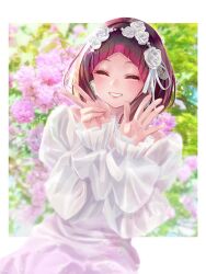  1girl alternate_costume arched_bangs azki_(2nd_costume)_(hololive) azki_(hololive) black_hair blush bob_cut closed_eyes colored_tips commentary_request dress finger_counting flower flower_request gradient_clothes gradient_dress grin head_wreath highres hololive inverted_bob long_sleeves makino_hazuki_(s001_hazuki) mole mole_under_eye multicolored_hair outside_border pink_dress rose smile solo virtual_youtuber white_dress white_flower white_rose wispy_bangs 