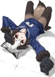  1girl animal_ear_fluff arm_up black_gloves blue_serafuku blue_skirt breasts brown_eyes brown_hair brown_pantyhose commentary full_body fur-trimmed_sleeves fur_trim gloves highres kemono_friends knees_up long_sleeves looking_at_viewer lying medium_breasts multicolored_hair no_shoes on_back pantyhose school_uniform serafuku simple_background skirt smile solo tanabe_(fueisei) tanuki_(kemono_friends) tile_floor tiles two-tone_hair white_background white_hair 