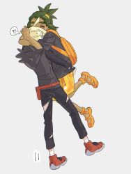  !? 2boys bag black_hoodie black_pants black_shirt blonde_hair closed_eyes commentary_request dark-skinned_male dark_skin fanny_pack fua1heyvot4ifsr full_body gladion_(pokemon) green_hair grey_background hau_(pokemon) highres hood hoodie hug looking_at_another male_focus multiple_boys orange_bag orange_sandals pants pokemon pokemon_sun_and_moon red_bag red_shoes sandals shirt shoes shorts simple_background standing torn_clothes torn_pants yellow_shorts 