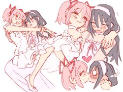  2girls absurdres akemi_homura arms_around_neck black_hair blush carrying choker commentary dress hair_ribbon hairband heart highres hug kaname_madoka kiss kkbardd long_hair mahou_shoujo_madoka_magica mahou_shoujo_madoka_magica_(anime) multiple_girls pink_hair pink_ribbon princess_carry ribbon simple_background twintails white_background white_choker white_dress white_hairband yuri 