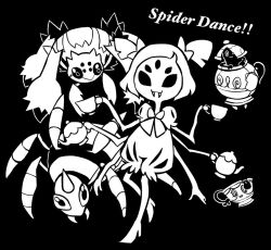  1girl ariados arthropod_girl cup east-west_crossover extra_arms extra_eyes fangs galvantula hanasaki_(1470267) holding holding_cup holding_teapot monochrome muffet pokemon pokemon_(creature) polteageist short_twintails sinistea species_connection spider_girl teapot twintails undertale utdr_(toby_fox) 