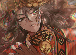  1boy 7skk animal_ears blue_eyes braid brown_hair commentary_request dark-skinned_male dark_skin hand_on_own_chest highres leona_kingscholar leona_kingscholar_(liongarb) lion_boy lion_ears long_hair looking_at_viewer lying male_focus on_back solo twin_braids twisted_wonderland upper_body 
