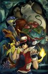  1boy baseball_cap blastoise cave charizard espeon hat pikachu poke_ball pokemon pokemon_(creature) pokemon_(game) pokemon_gsc pokemon_rgby red_(pokemon) snorlax suikuro venusaur 