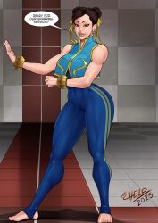  1girl 2025 artist_name bare_shoulders barefoot bracelet breasts brown_eyes brown_hair cheloman chinese_clothes chun-li covered_navel double_bun earrings english_commentary english_text fighting_stance hair_bun highres indoors jewelry lips looking_at_viewer nose pantyhose posing signature simple_background solo speech_bubble street_fighter studded_bracelet studs thick_lips thick_thighs thighs toenails toned toned_female training unitard 