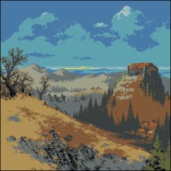  blue_sky day deceiver forest hill horizon landscape mansion nature no_humans original outdoors pine_tree pixel_art scenery sky tree 