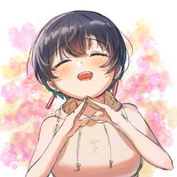  1girl black_hair blush chang_chin-lan closed_eyes commentary drawstring earrings highres hood hoodie jewelry kamiina_botan_yoeru_sugata_wa_yuri_no_hana lilium_mocha open_mouth short_hair sleeveless sleeveless_hoodie smile solo upper_body white_hoodie 