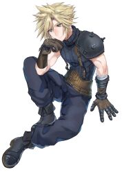 1boy absurdres armor belt belt_buckle black_boots blonde_hair blue_eyes blue_pants blue_sweater boots brown_gloves buckle closed_mouth cloud_strife earrings final_fantasy final_fantasy_vii final_fantasy_vii_remake full_body gloves hair_between_eyes highres jewelry male_focus multiple_belts pants pinyata_(pinyaland) ribbed_sweater short_hair shoulder_armor sitting sleeveless sleeveless_turtleneck solo spiky_hair stud_earrings suspenders sweater turtleneck turtleneck_sweater twitter_username white_background 