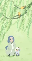  2boys animal_ears bird blue_eyes blue_hair cat_boy cat_ears chinese_clothes commentary_request grass highres low_ponytail luo_xiaohei luo_xiaohei_(human) male_focus multiple_boys no_lineart official_art pointing ponytail solar_term the_legend_of_luo_xiaohei tree white_hair wuxian_(the_legend_of_luo_xiaohei) xrriver 