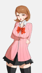  1girl absurdres arm_behind_back artist_name black_skirt black_thighhighs blush bow bowtie breasts brown_eyes brown_hair cardigan choker commentary cowboy_shot flipped_hair gekkoukan_high_school_uniform grey_background hand_on_own_arm heart heart_choker highres large_breasts long_sleeves looking_at_viewer loose_bowtie medium_hair n7grey open_mouth persona persona_3 persona_3_reload pink_cardigan pleated_skirt red_bow red_bowtie ribbed_cardigan school_uniform shirt simple_background skindentation skirt solo takeba_yukari thigh-highs white_choker white_shirt wing_collar zettai_ryouiki 