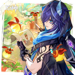  1boy absurdres black_gloves blue_eyes chinese_commentary commentary_request copyright_name day electro_symbol_(genshin_impact) fingerless_gloves fingernails from_behind genshin_impact gloves hair_over_one_eye hands_up highres holding holding_paper looking_at_animal looking_to_the_side male_focus official_art ororon_(genshin_impact) outdoors paper parted_lips pointing purple_hair solo upper_body vision_(genshin_impact) 