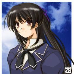  1girl 2000s_(style) bad_id black_bow black_bowtie black_hair blazer blue_jacket blue_sky bow bowtie brown_eyes closed_mouth clouds commentary_request dated_commentary hair_ribbon hana_(hana_mo_arashi_mo) jacket long_hair looking_at_viewer original purple_ribbon ribbon shirt sky smile solo upper_body white_shirt 