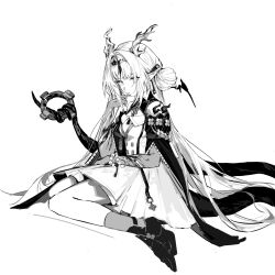  1girl arknights arknights:_endfield bead_bracelet beads bracelet dress e_ren eyelashes greyscale hair_bun hair_ornament high_heels highres horns jewelry long_hair looking_at_viewer monochrome pointy_ears si_(arknights) sitting solo tagme tail 