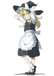  1girl apron arms_behind_head arms_up back_bow black_hat black_skirt black_vest blonde_hair blush bobby_socks bow braid buttons commentary_request frilled_apron frilled_hat frills full_body grin hair_between_eyes hair_bow hat hat_bow highres inuno_rakugaki kirisame_marisa long_hair looking_at_viewer mary_janes puffy_short_sleeves puffy_sleeves ribbon shadow shirt shoes short_sleeves side_braid simple_background single_braid skirt smile socks solo standing standing_on_one_leg teeth vest waist_apron white_apron white_background white_bow white_shirt white_socks witch_hat yellow_eyes 