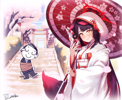  1boy 1girl absurdres animal_ear_fluff animal_ears black_hair blue_archive blunt_ends bound cherry_blossom_print colored_inner_hair commentary doodle_sensei_(blue_archive) dragoncastle floral_print fox_ears fox_girl fox_mask fox_tail halo highres holding holding_mask holding_umbrella hooded_kimono japanese_clothes kimono long_hair mask multicolored_hair multiple_torii obi oil-paper_umbrella red_hair revision rope sash sensei_(blue_archive) shiromuku stairs tail tied_up_(nonsexual) torii uchikake umbrella very_long_hair wakamo_(blue_archive) wataboushi white_kimono wide_sleeves yellow_eyes 