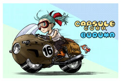  1980s_(style) 1girl aqua_hair blue_eyes bulma capsule_corp character_name commentary_request doll dragon_ball dragon_ball_(classic) english_text faux_retro_artstyle goggles gun keita0083 machine_gun motion_lines motor_vehicle motorcycle ponytail red_ribbon retro_artstyle ribbon riding science_fiction toriyama_akira_(style) weapon 