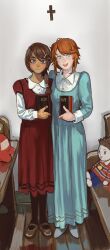  2girls absurdres among_us aqua_dress aqua_eyes bible_(object) black_pantyhose blue_eyes book brown_hair brown_shoes character_doll character_request chris-chan christ-chan christianity church closed_mouth collared_shirt cross dark-skinned_female dark_skin doll dress dress_shirt freckles full_body hair_ornament hair_over_shoulder hairclip highres holding holding_book indoors long_dress long_hair long_sleeves looking_at_viewer mary_janes mossacannibalis multiple_girls name_connection open_mouth original pantyhose pew ponytail red_(among_us) red_dress shirt shoes side-by-side smile teeth tongue upper_teeth_only white_shirt white_shoes wooden_floor 