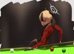  1girl alternate_costume ball barbell_piercing billiard_ball billiard_table black_gloves black_hair black_horns black_shirt blue_archive commentary_request cue_stick demon_girl demon_horns demon_wings gloves grey_halo halo holding holding_cue_stick horns jacket kayoko_(blue_archive) kis_sako long_hair long_sleeves low_wings multicolored_hair piercing ponytail purple_wings red_eyes red_jacket shirt single_wing solo table twitter_username two-tone_hair white_hair wings 