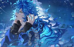  1boy absurdres anajudraws blue_background blue_jacket blue_theme cloud_background clouds cumulonimbus_cloud english_commentary fiery_hair hands_up headphones highres holding holding_headphones idia_shroud jacket long_hair looking_at_viewer male_focus night_raven_college_school_uniform parted_lips school_uniform sharp_teeth simple_bird sleeves_past_wrists solo teeth twisted_wonderland upper_body yellow_eyes 