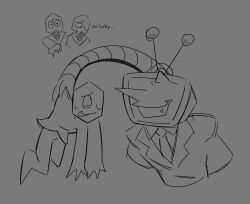  2boys 2others alternate_universe ant_tenna arms_behind_back collared_shirt commentary cropped_torso crt defernull deltarune english_commentary english_text face-to-face facing_another fafameow false_smile green_pippins grey_background greyscale grin hanging highres jacket lapels long_nose looking_at_another mechanical_tentacles monochrome multiple_boys multiple_others necktie notched_lapels object_head one_eye_closed open_mouth pippins_(deltarune) pointy_nose radio_antenna raised_eyebrow shirt short_male simple_background smile talking television utdr_(toby_fox) wing_collar 