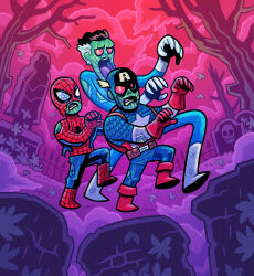  3boys animal_print bare_tree belt black_hair blue_bodysuit bodysuit boots captain_america captain_america_(series) clouds cloudy_sky colored_sclera colorful_clouds cosplay dan_hipp elasticity fantastic_four gloves grave graveyard highres male_focus marvel marvel_snap marvel_zombies multicolored_bodysuit multicolored_hair multiple_boys night no_nose official_art open_mouth outstretched_arms partially_shaded_face print_bodysuit red_bodysuit red_boots red_gloves red_sclera reed_richards shield skull sky spider-man spider-man_(cosplay) spider-man_(original_suit) spider-man_(series) spider_print spider_web_print star_(symbol) striped_bodysuit superhero_costume tombstone tongue tongue_out torn_bodysuit torn_clothes torn_mask tree two-tone_bodysuit two-tone_hair white_boots white_gloves white_hair yellow_eyes zombie zombie_pose 