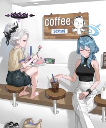  2girls absurdres ako_(blue_archive) bare_arms bare_shoulders barefoot black_halo black_shirt blue_archive blue_hair blue_halo breasts cake cake_slice closed_eyes closed_mouth commentary crossed_legs demon_girl demon_horns denim denim_shorts doodle_sensei_(blue_archive) eating food fork grey_hair hair_bun halo highres hina_(blue_archive) holding holding_fork horns hyeonjong8 large_breasts medium_hair multiple_girls pants sensei_(blue_archive) shirt short_shorts shorts sitting sleeveless sleeveless_shirt turtleneck turtleneck_shirt violet_eyes white_pants 