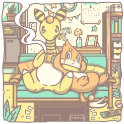  ampharos analog_clock arms_behind_head blue_eyes bookshelf bright_pupils buizel calendar_(object) clock closed_mouth commentary_request couch cup full_body highres holding holding_cup indoors kettle nintendo_switch no_humans open_mouth pikachu pokemon pokemon_(creature) sitting steam steaming_cup tissue_box watching_television white_pupils yonayon 