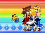  alice_margatroid apron blonde_hair blue_eyes blush braid brown_eyes brown_hair capelet closed_eyes detached_sleeves doll hair_ribbon hairband hakurei_reimu hat hat_removed headwear_removed kirisame_marisa long_hair multiple_girls rainbow rainbow_background ribbon shanghai shanghai_doll short_hair takamura touhou wings witch_hat 