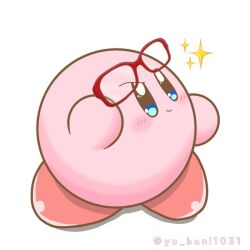  1boy adjusting_eyewear artist_name colored_skin commentary_request kirby kirby_(series) light_smile looking_to_the_side male_focus pink_skin raised_eyebrow red-framed_eyewear red_feet signature simple_background solid_oval_eyes sparkle white_background yu_bani1031 
